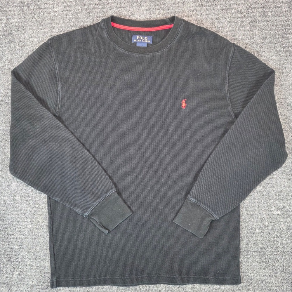 Polo Ralph Lauren Thermal Shirt Mens Medium Black Waffle Knit Long Sleeve